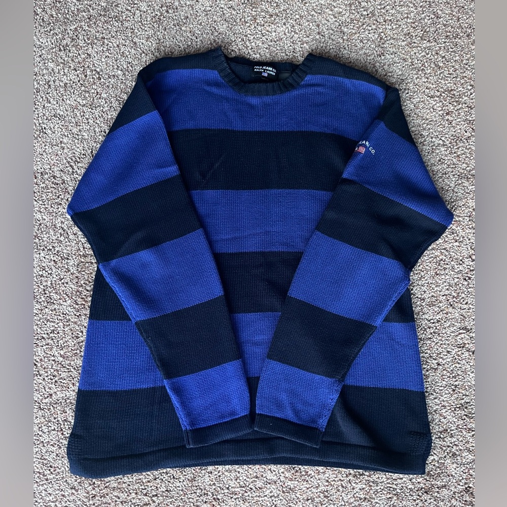 Vintage 90s Polo‎ Ralph Lauren Blue and Black Striped Crewneck Sweater